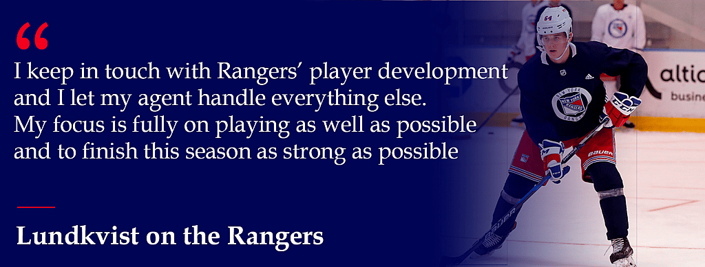Nils Lundkvist in Rangers uniform during gameplay with quote overlay