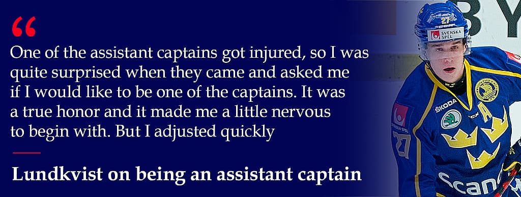 Nils Lundkvist in Swedish national team hockey jersey with quote about becoming assistant captain