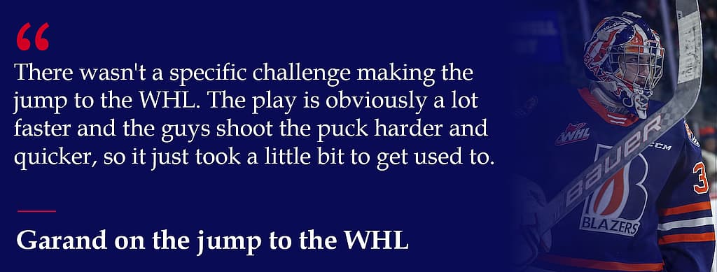 Hockey goaltender in WHL Blazers uniform with quote about transitioning to professional play