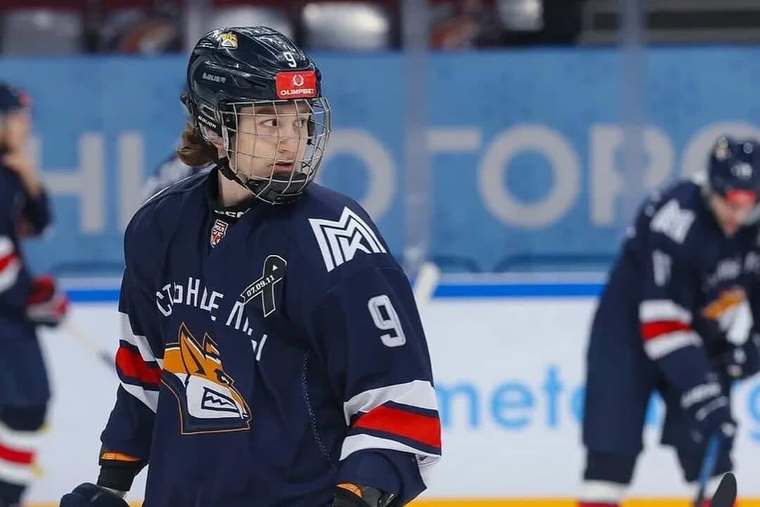 Young hockey player wearing number 9 jersey during game on ice.