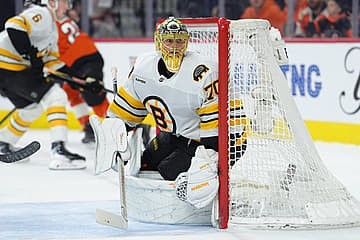 NHL: Boston Bruins at Philadelphia Flyers -- Goaltender Joonas Korpisalo, now a member of the New York Ranger, mans the net for the Boston Bruins.