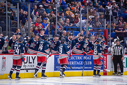 Hartford Wolf Pack celebrate goal versus Springfield (Photo: John Mrakovcich / Hartford Wolf Pack)