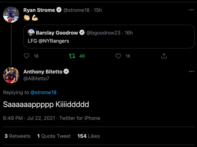 Twitter exchange between Ryan Strome, Barclay Goodrow, and Anthony Bitetto about Rangers hockey