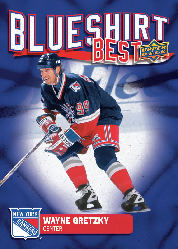 Wayne Gretzky in New York Rangers uniform on Upper Deck Blue Shirt Best trading card