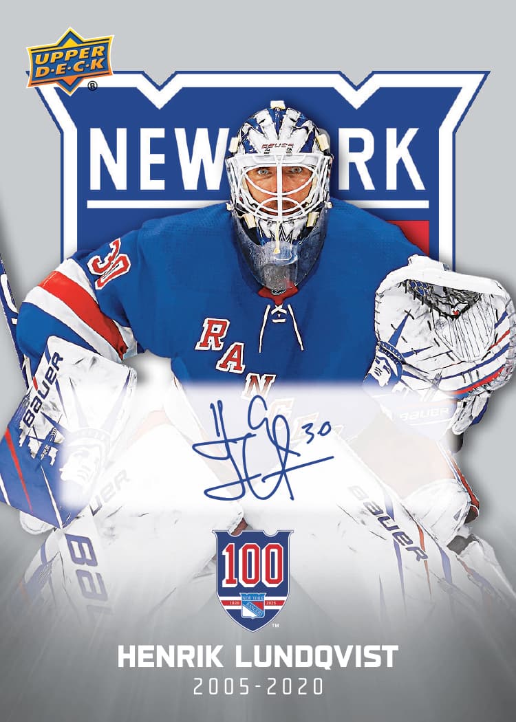Henrik Lundqvist signed commemorative card for NY Rangers centennial, 2005-2020