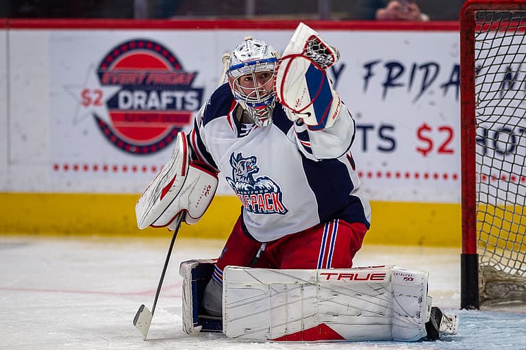 Hartford Wolf Pack goaltender in white jersey during AHL playoff game