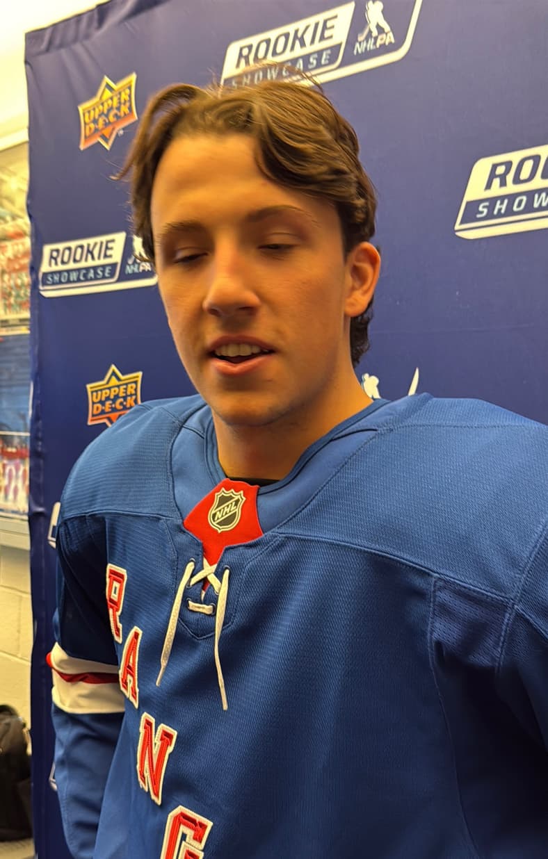 Gabe Perreault in Rangers jersey at Rookie Showcase media event