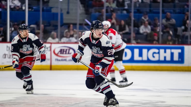 New York Rangers forward prospect Nathan Aspinall skates during a Hartford Wolfpack game.