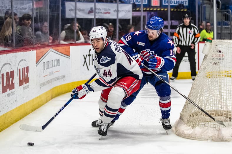 Two hockey players competing for the puck along the boards during an NHL game