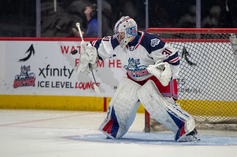 Hartford Wolf Pack goaltender in net during practice at the Ice Level Lounge