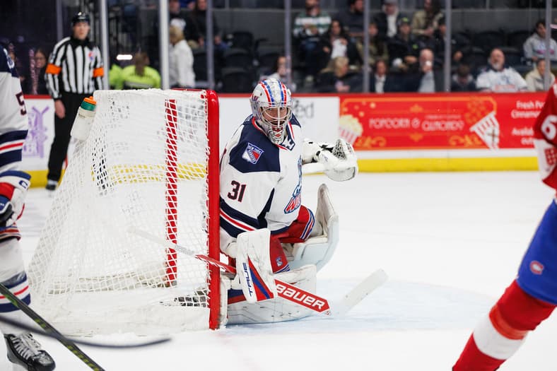Goaltender Spencer Martin in full gear in the crease during an NHL game