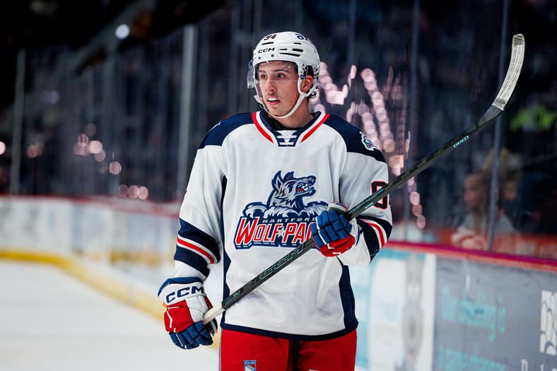 Gabe Perreault in Hartford Wolf Pack jersey during game