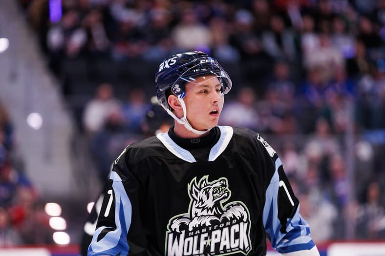 Hartford Wolf Pack player during game with crowd in background