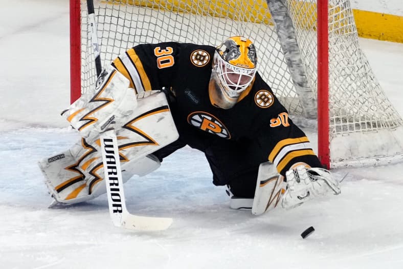 Providence Bruin Michael DiPietro dives for a shot in the second period.