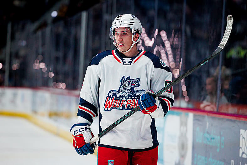 Gabe Perreault in Hartford Wolf Pack jersey during game