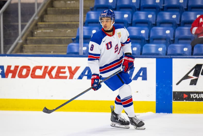 Hockey player wearing Team USA jersey number 8 during game.