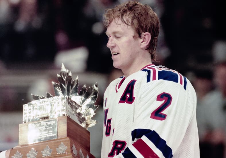 Rangers Brian Leetch gets the Conn Smythe Trophy as the playoff MVP following game 7 of the Stanley Cup finals at Madison