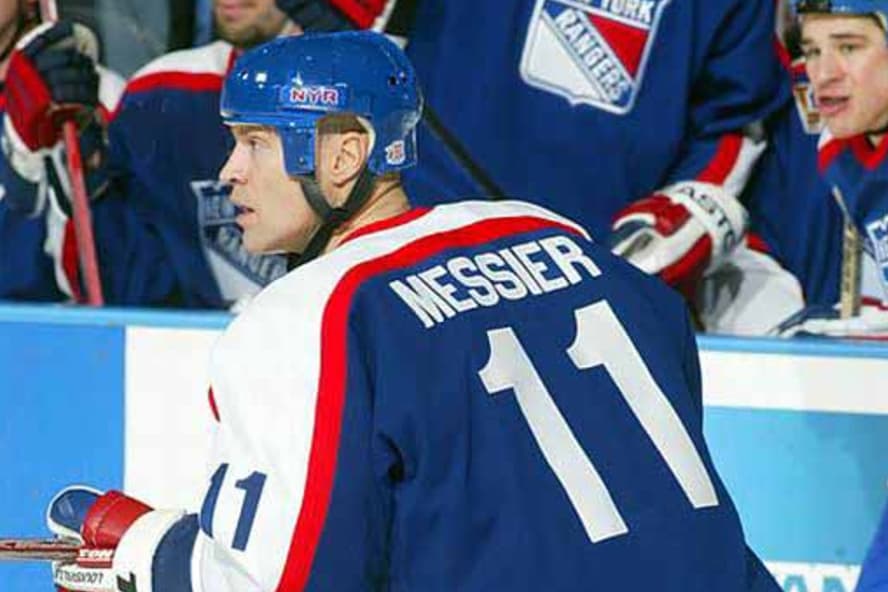 Rangers player Messier wearing blue alternate jersey with red stripes